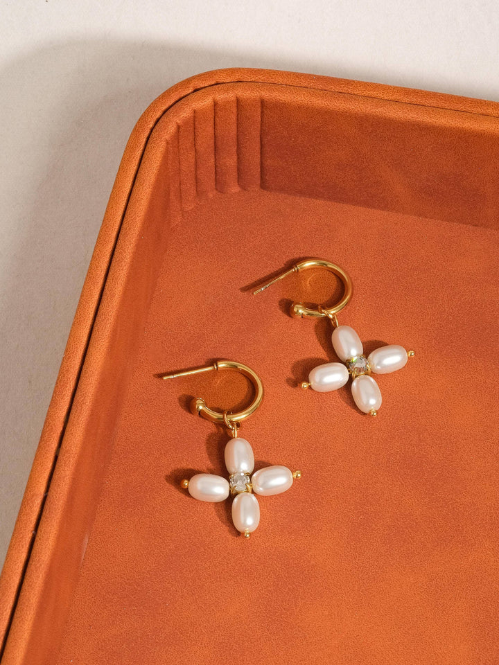 Chaleur 18K Gold Non-Tarnish Pearl Cross Earrings