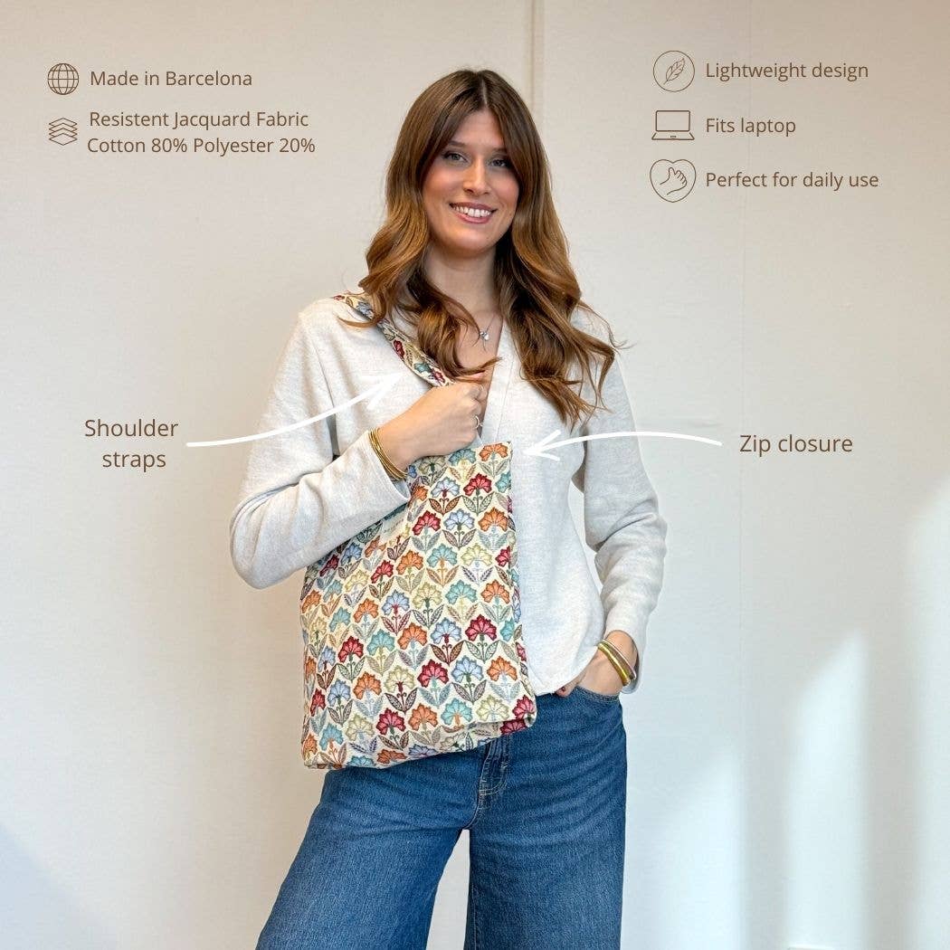 Floral Jacquard Zippered Tote Bag