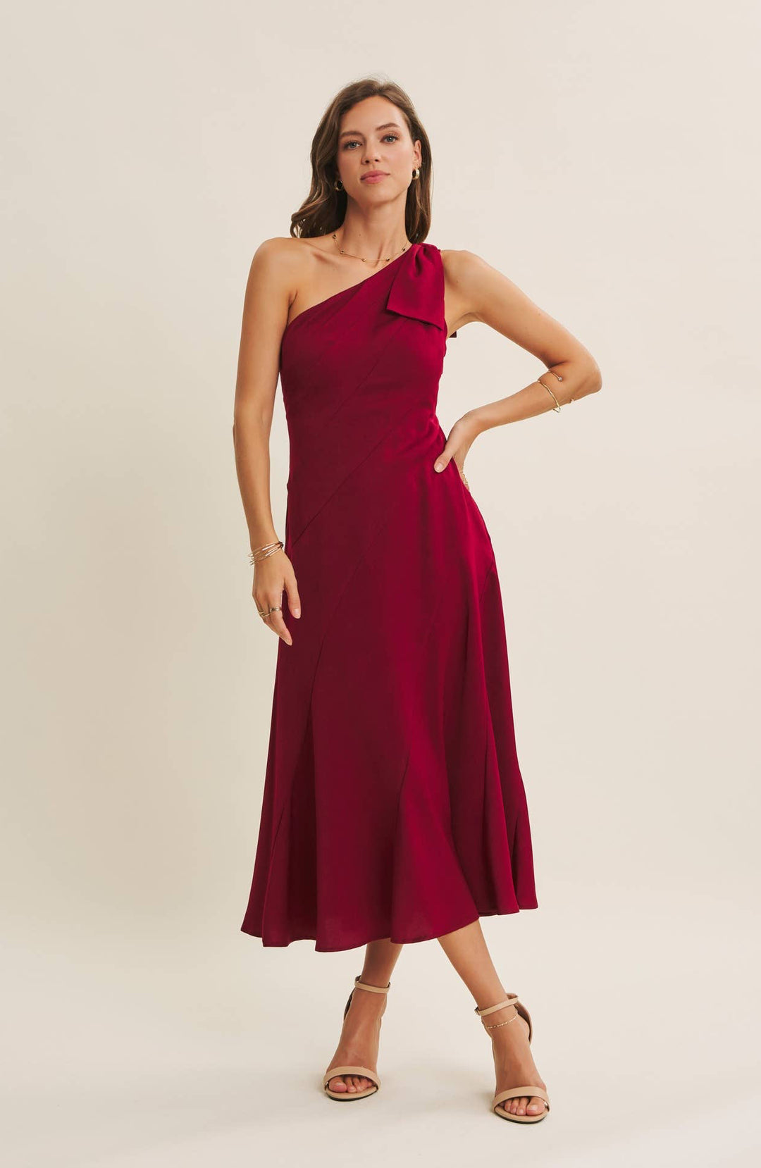 Bordeaux One Shoulder Midi Dress